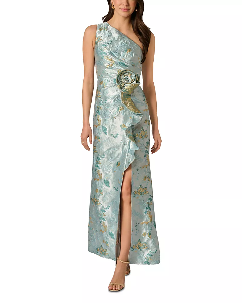 Adrianna Papell Metallic Jacquard One Shoulder Gown