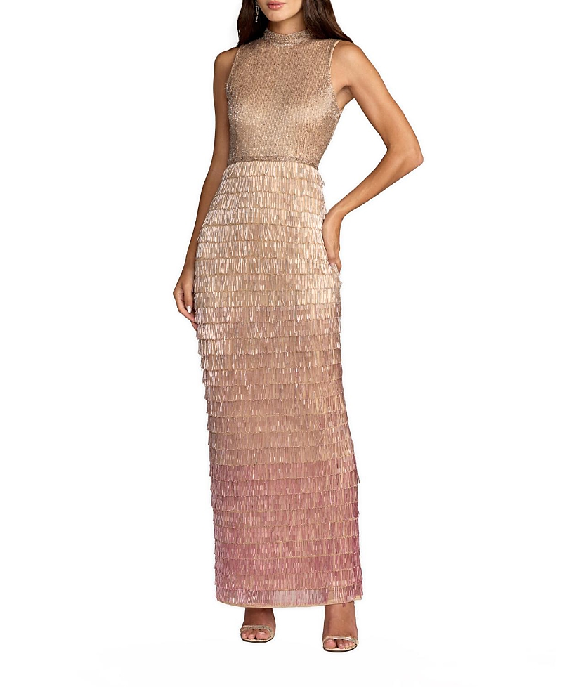 Mac Duggal Sleeveless Beaded Mock Neck Fringe Column Gown