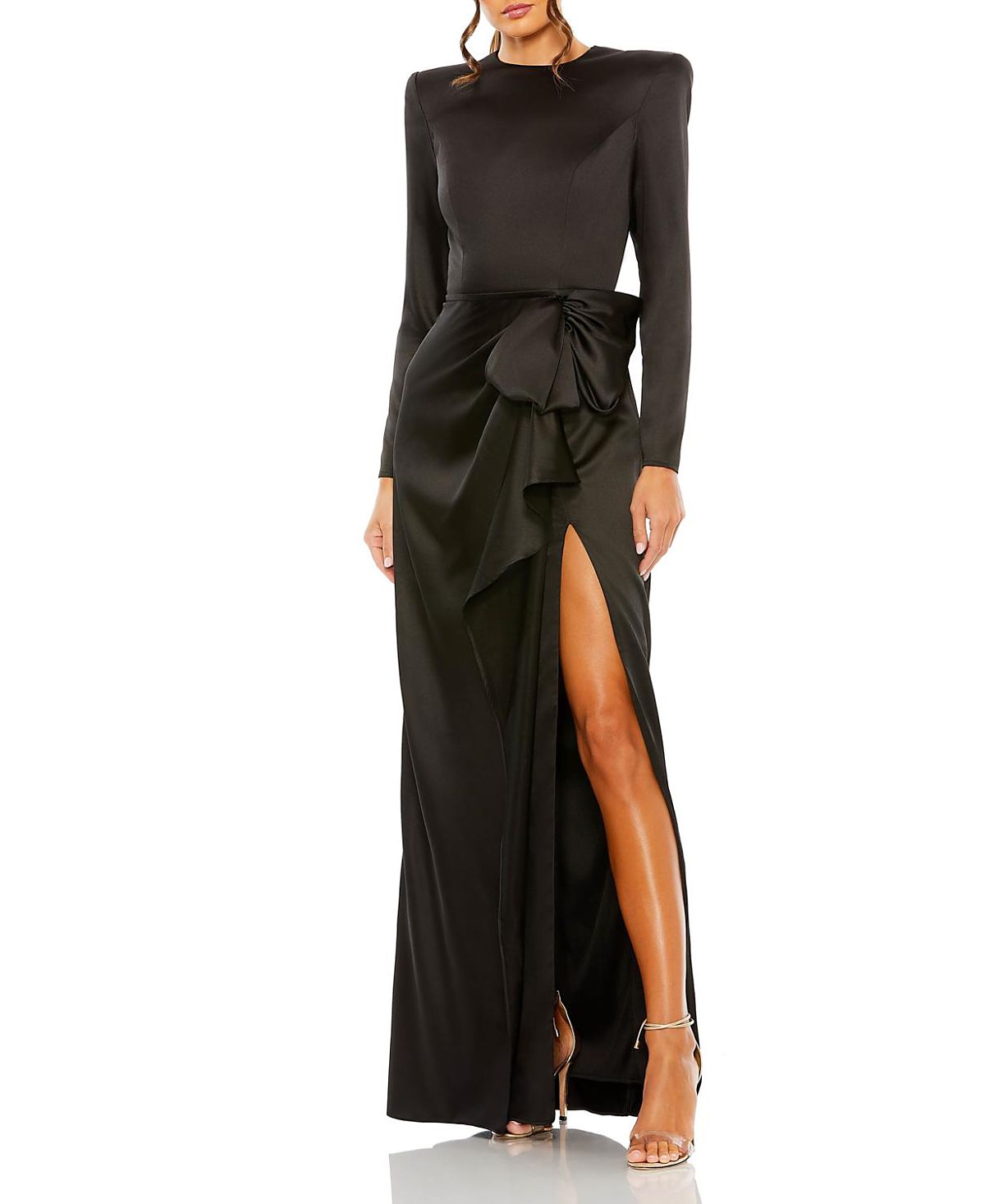 Mac Duggal Petite Long Sleeve Satin Structured Bow Draped Column Gown