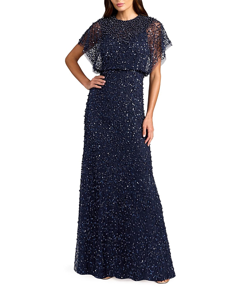 Mac Duggal Beaded Mesh Gown With Shawl