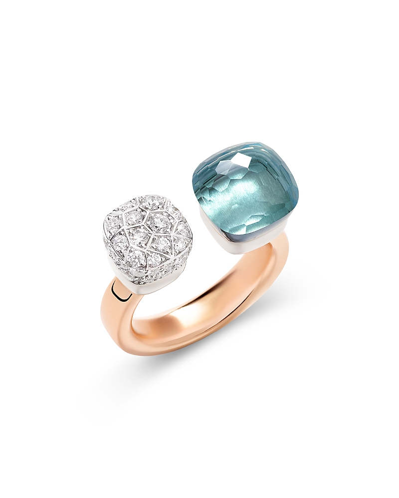 Pomellato 18K White & Rose Gold Nudo Sky Blue Topaz & Diamond Cluster Cuff Ring