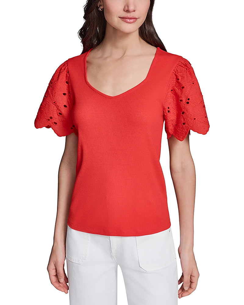 Karl Lagerfeld Paris Short Sleeve Eyelet Mix Media Knit Top