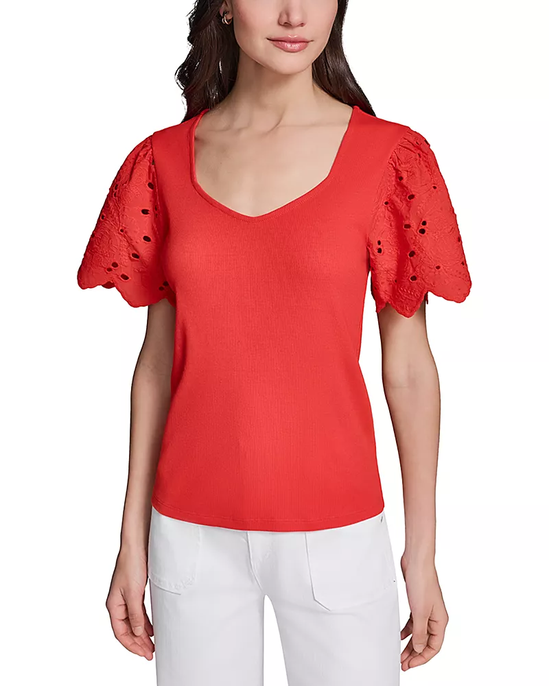 Karl Lagerfeld Paris Short Sleeve Eyelet Mix Media Knit Top