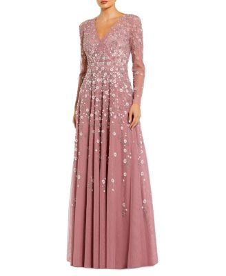 Mac Duggal Embellished Wrap Over Illusion Long Sleeve A Line