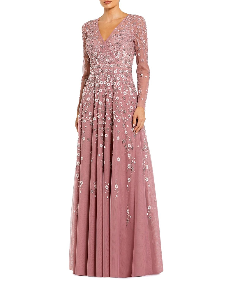 Mac Duggal Embellished Wrap Over Illusion Long Sleeve A Line