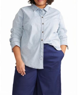  Women's Plus Size Minimalist Stretch Cotton Chambray Shirt