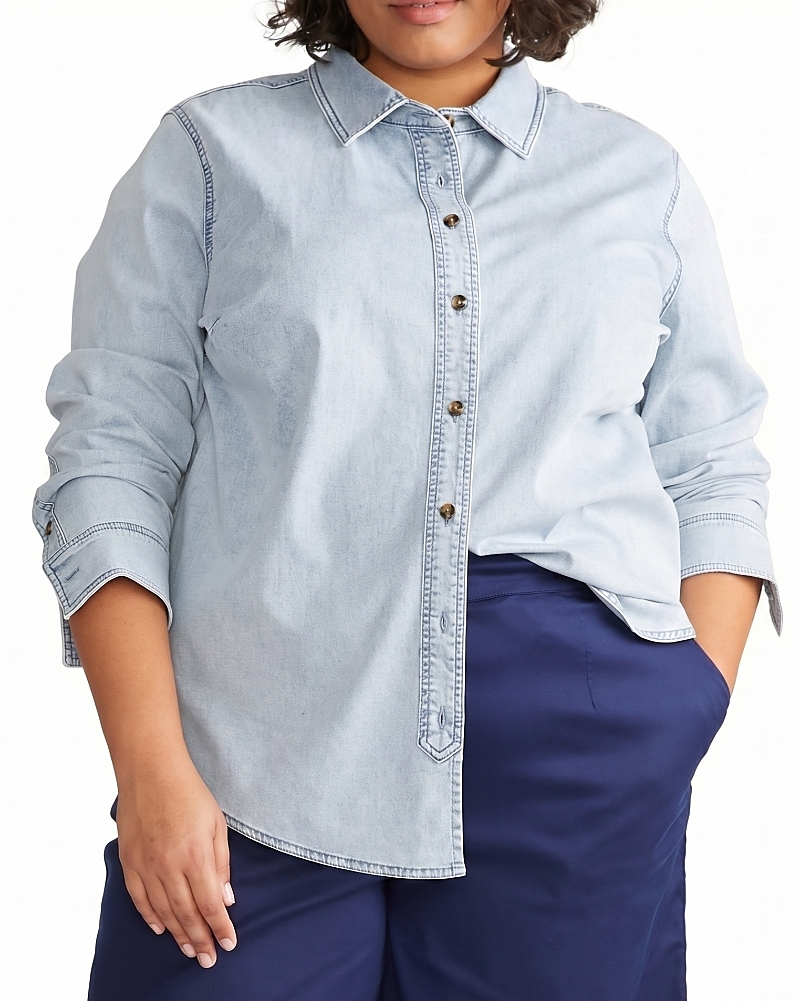 Universal Standard Women's Plus Size Minimalist Stretch Cotton Chambray Shirt