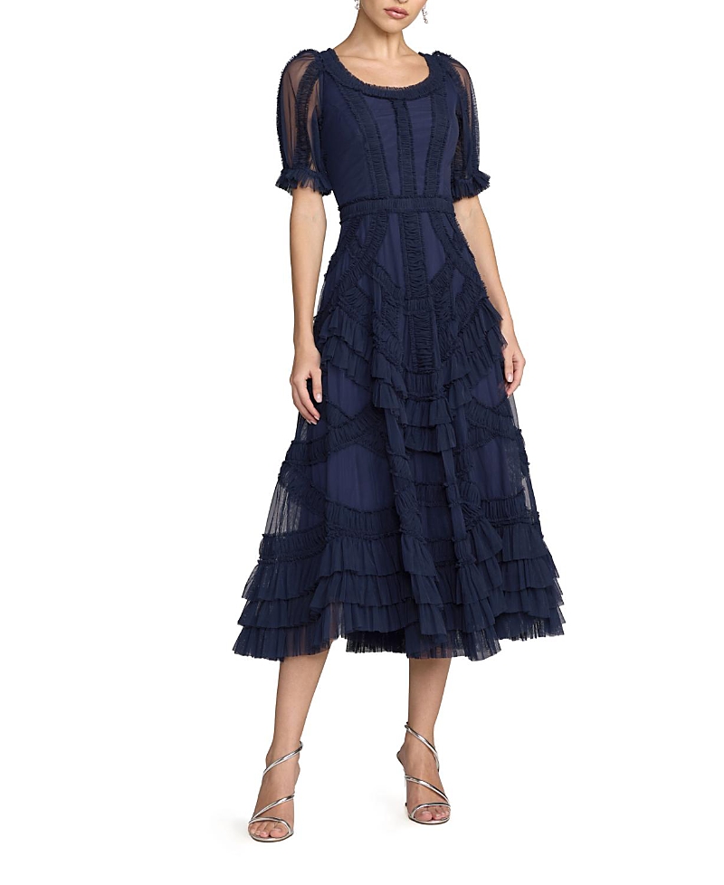 Mac Duggal Short Sleeve Mesh Mirco Ruffle Midi Dress