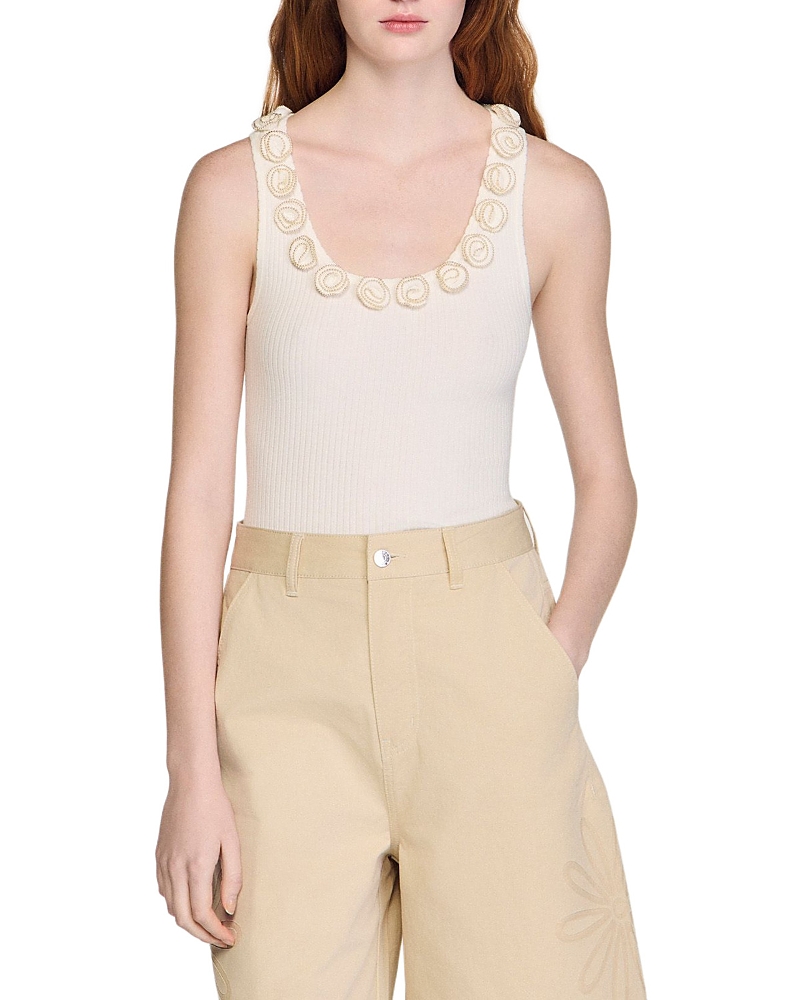 Sandro Beaded Roses Ribbed Knit Top