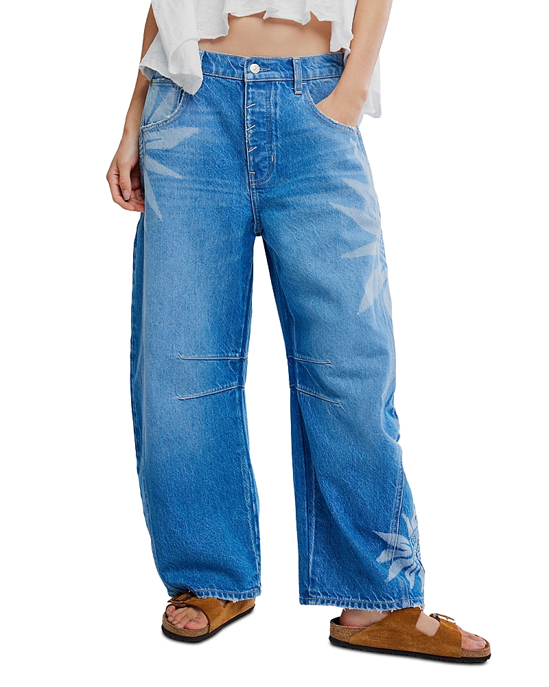 Free People Good Luck Printed Barrel Leg Jeans Laser Daisy