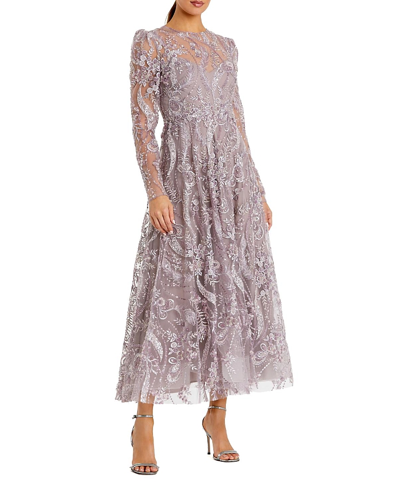 Mac Duggal Floral Embroidered High Neck Long Sleeve Dress