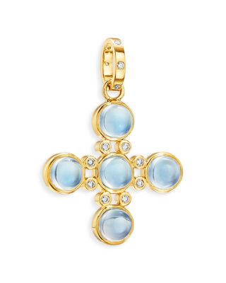 18K Yellow Gold FJ Blue Moonstone & Diamond Four Elements Cross Pendant