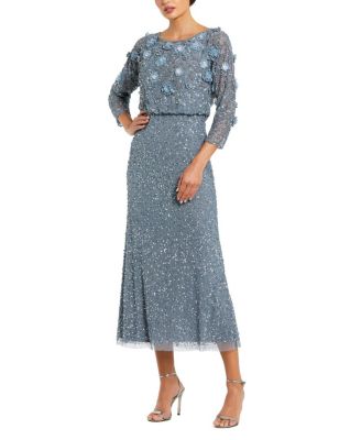  Floral Embellished 3/4 Sleeve Midi Dress