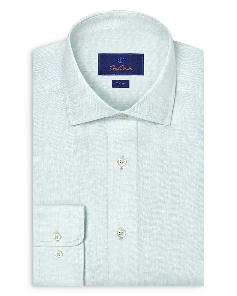 David Donahue Trim Fit Linen Herringbone Dress Shirt