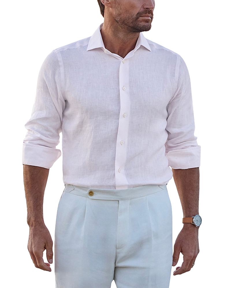 David Donahue Trim Fit Linen Herringbone Dress Shirt