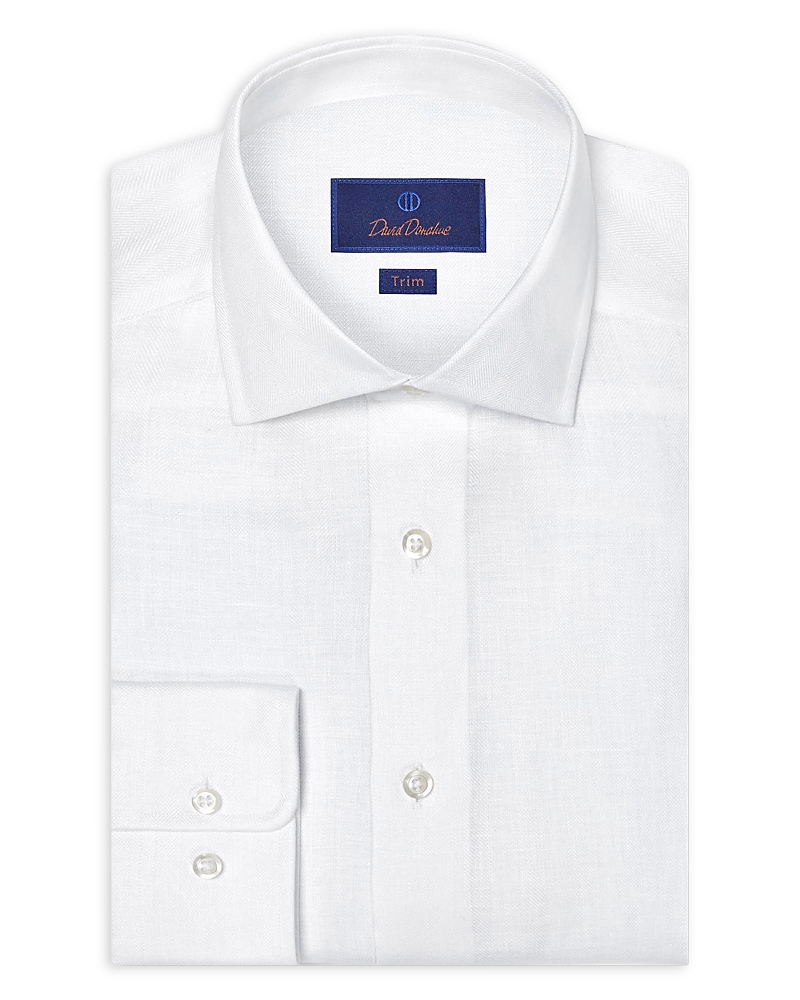 David Donahue Trim Fit Linen Herringbone Dress Shirt