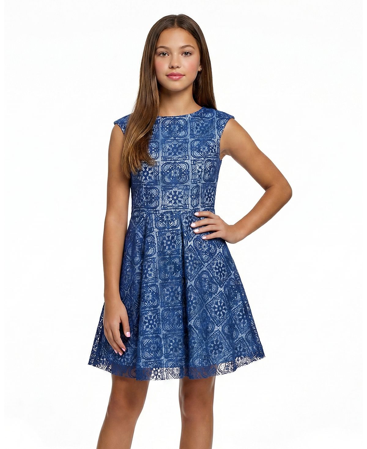 Un Deux Trois Girls' Cap Sleeve Boat Neck Lace Dress - Big Kid