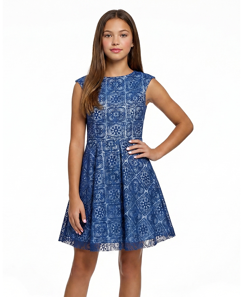 Un Deux Trois Girls' Cap Sleeve Boat Neck Lace Dress - Big Kid