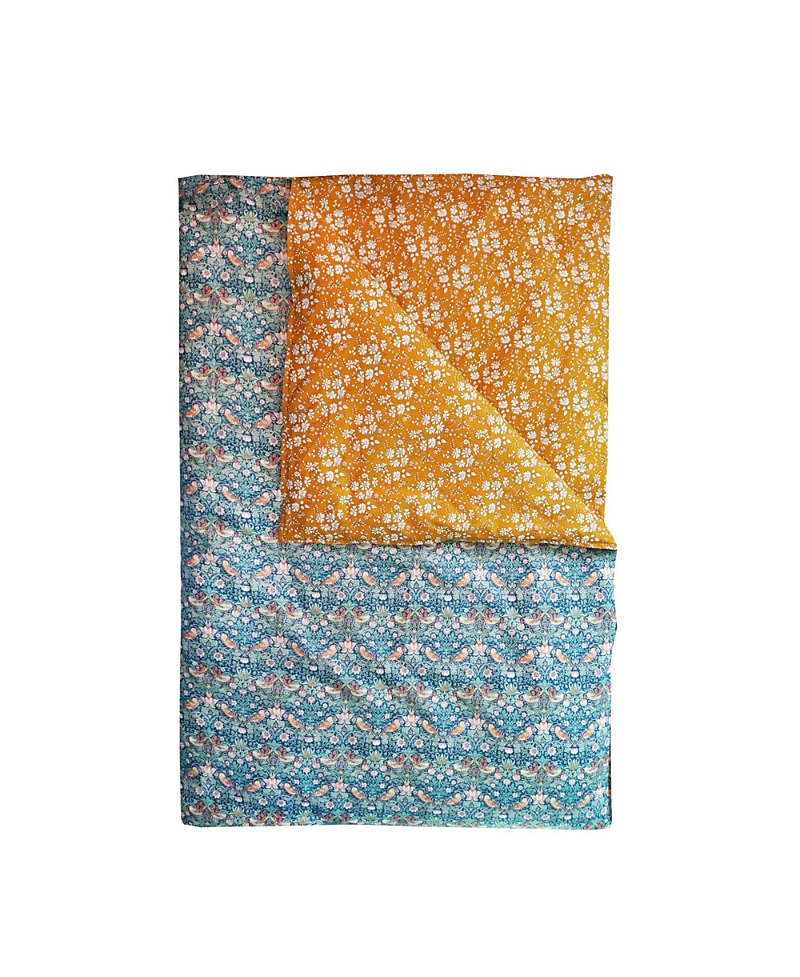 Coco & Wolf Liberty Fabric Strawberry Thief & Capel Mustard Reversible Heirloom Quilt, Twin In Blue