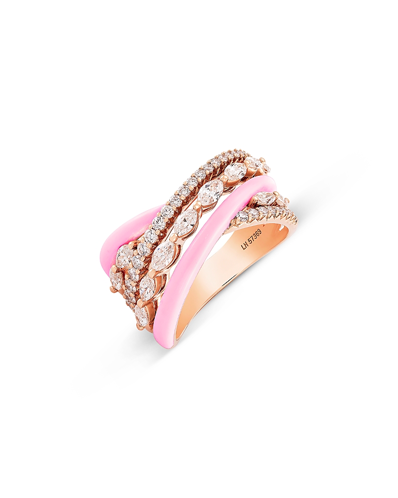 Etho Maria 18K Rose Gold Diamond Marquis & Round Pink Enamel Ceramic Crossover Ring, 1.05 tcw