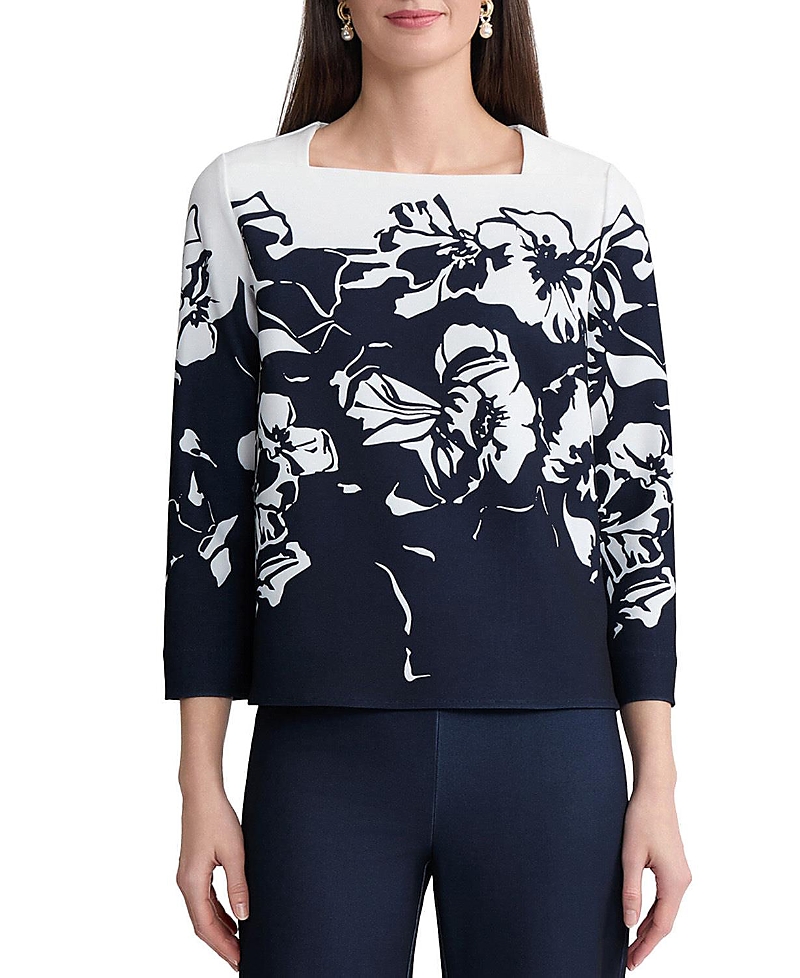 Ming Wang Floral Print Stretch Deco Crepe Blouse