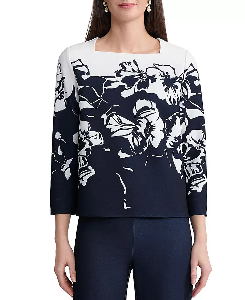Ming Wang Floral Print Stretch Deco Crepe Blouse