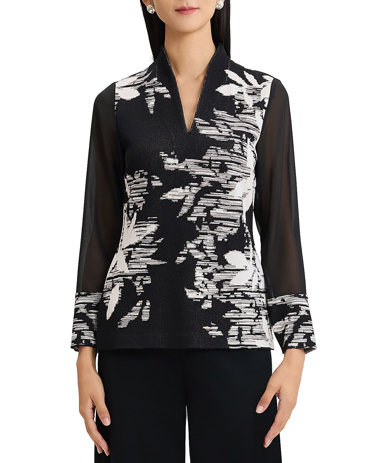 Ming Wang Mixed-Media Floral Jacquard Knit Tunic