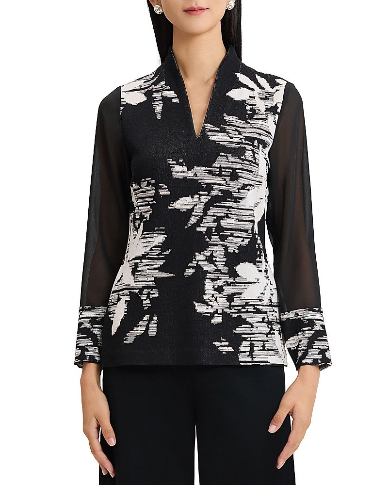 Ming Wang Mixed-Media Floral Jacquard Knit Tunic