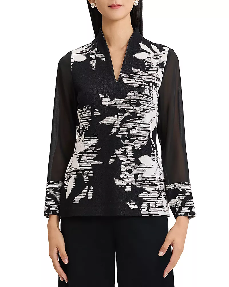 Ming Wang Mixed-Media Floral Jacquard Knit Tunic