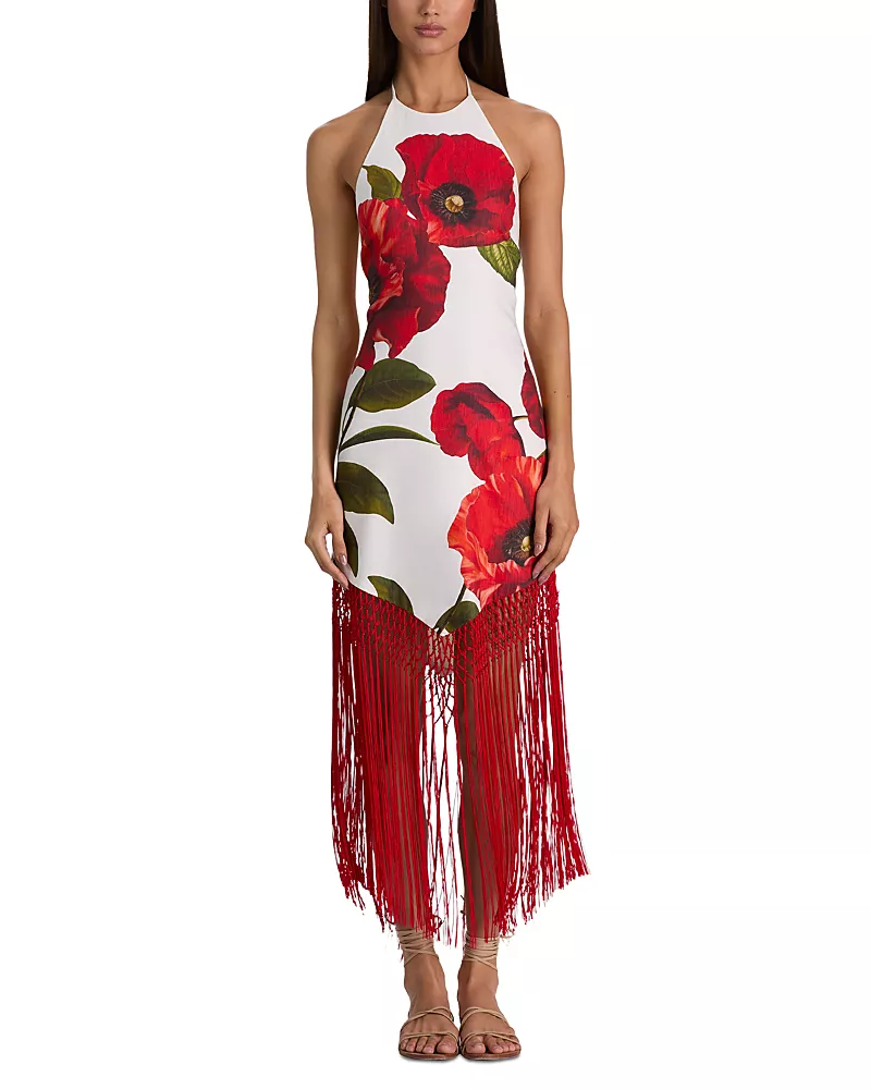 Alice and Olivia Mallory Halter Fringe Hem Dress