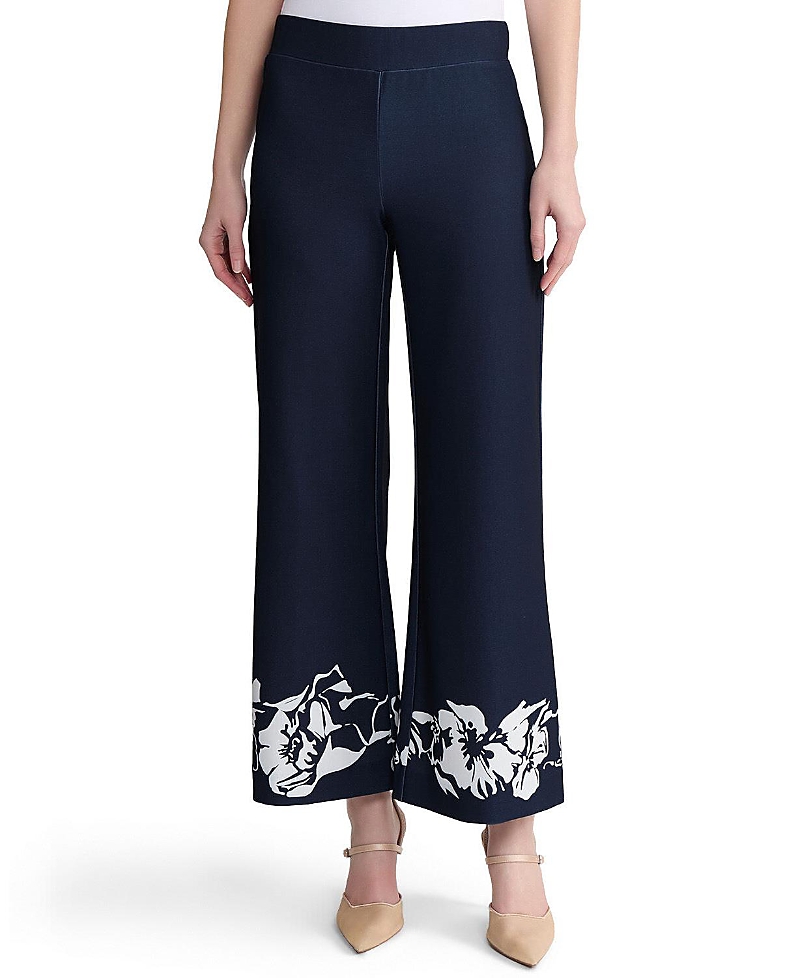 Ming Wang Stretch Deco Crepe Floral Print Wide-Leg Pants