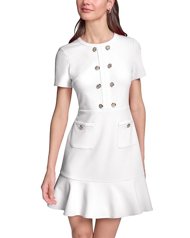Karl Lagerfeld Paris Short Sleeve Scuba Crepe Flounce Hem A Line Dress