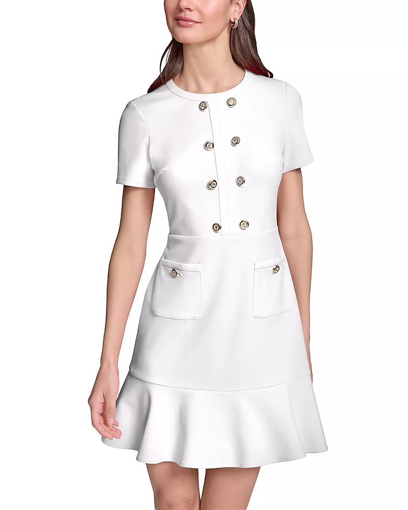 Karl Lagerfeld Paris Short Sleeve Scuba Crepe Flounce Hem A Line Dress