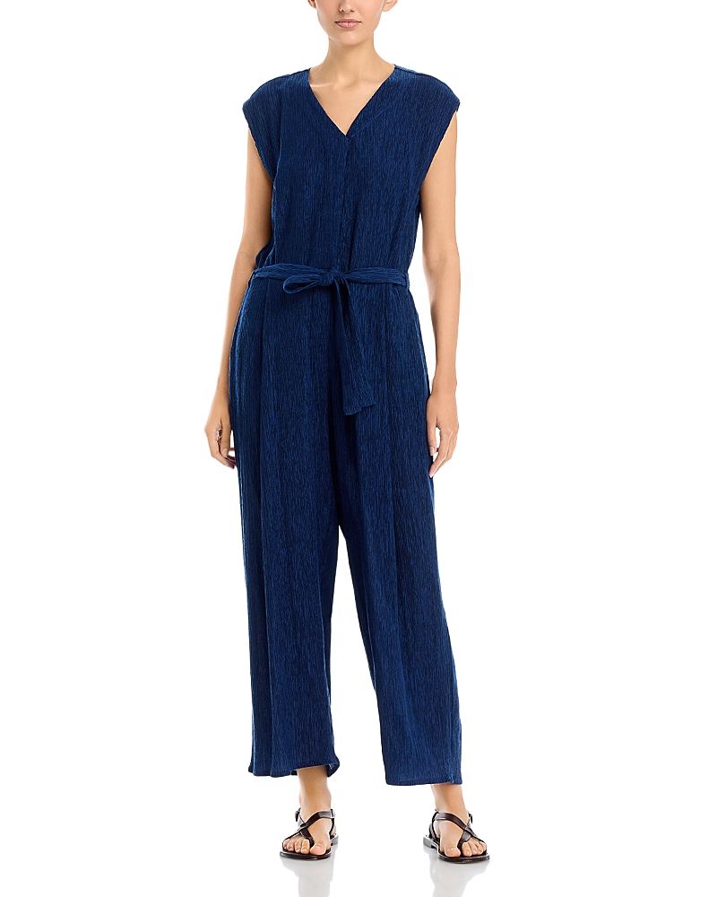 Eileen Fisher Plisse V Neck Wide Ankle Jumpsuit