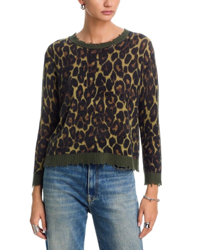 R13 Cashmere Crewneck Sweater in Brown Leopard