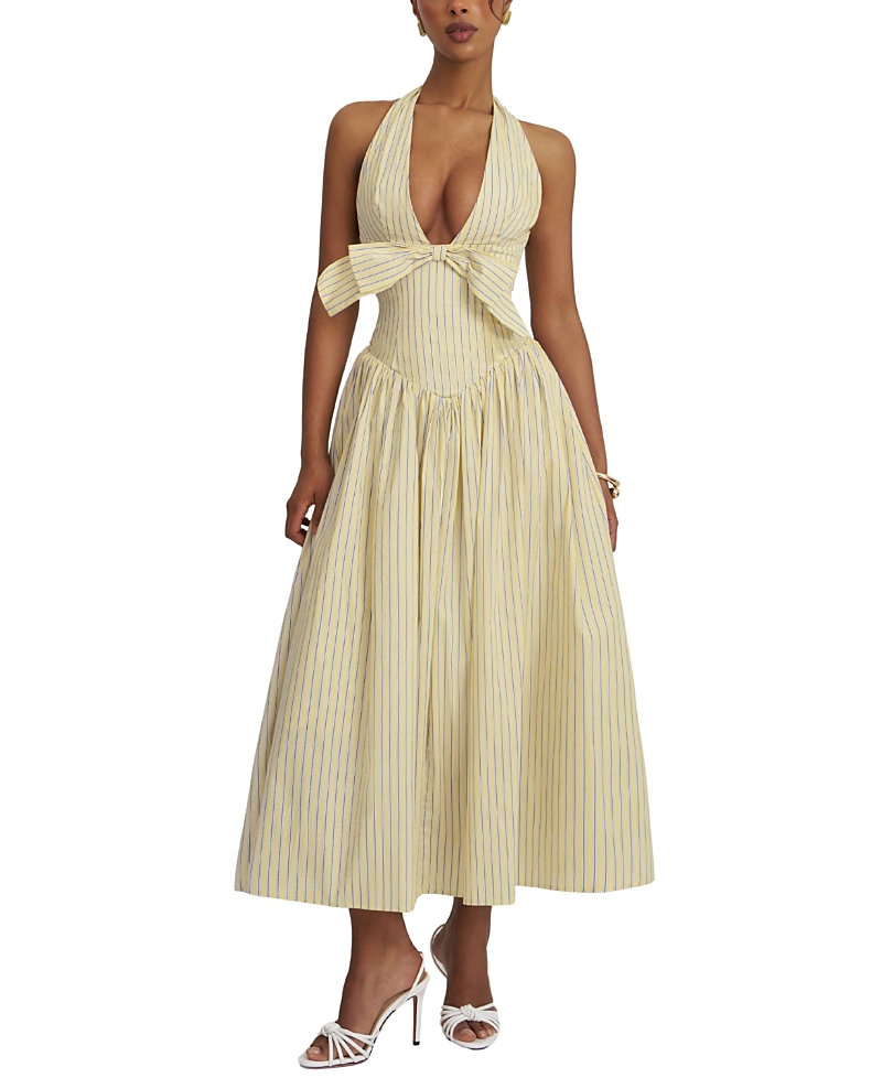 Miss Circle Talise Cotton Poplin Stripe Plunging Halter Maxi Dress
