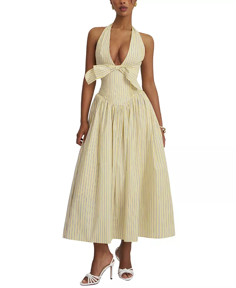 Miss Circle Talise Cotton Poplin Stripe Plunging Halter Maxi Dress