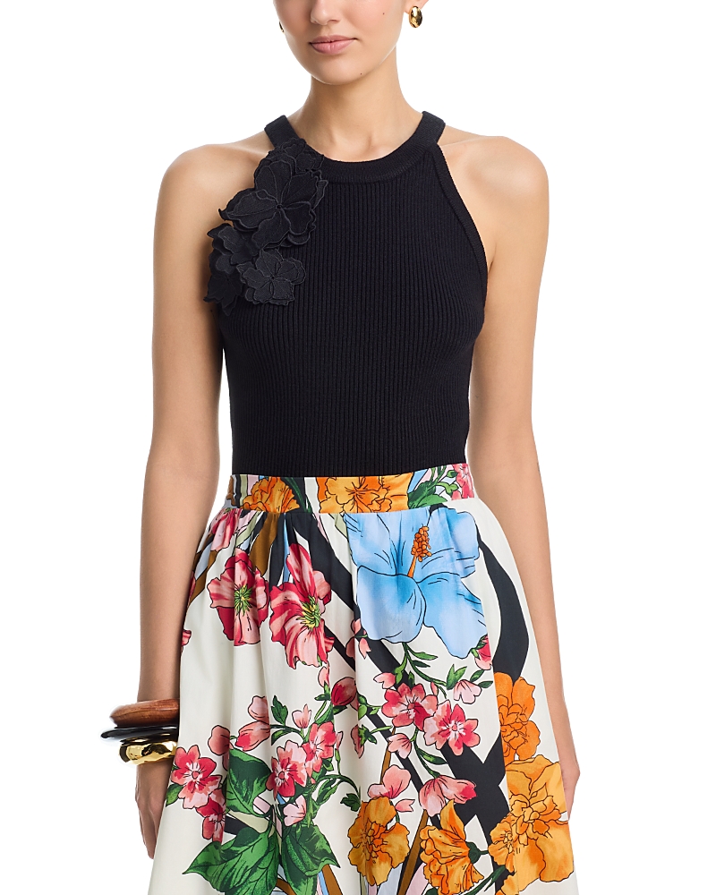 T Tahari Floral Detail Ribbed Tank