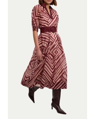 Printed 3/4 Sleeve Plunge Midi Dress