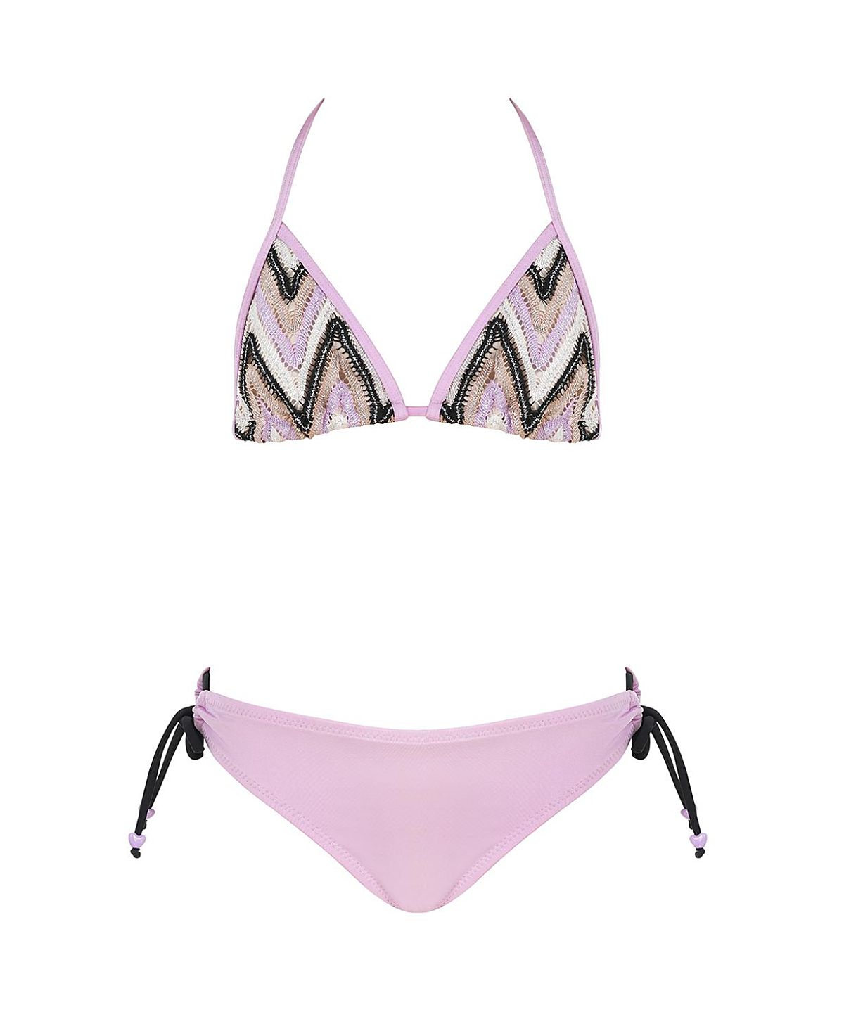 Nessi Byrd Girls' Zig-Zag Knit Triangle with Adjustable Beaded Ties Two-Piece Swimsuit - Little Kid, Big Kid