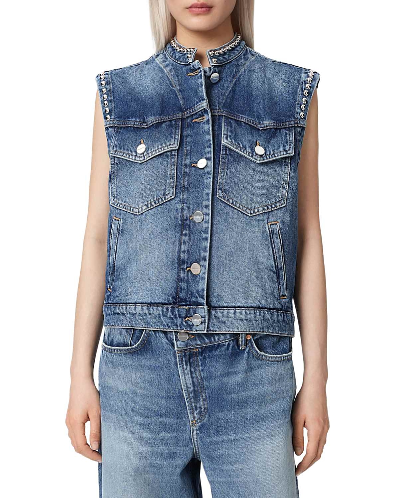 Allsaints Mav Stud Denim Waistcoat in Vintage Indigo