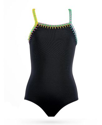 Girls' Multi-Color Embroidery Trim One-Piece Swimsuit- Little Kid, Big Kid