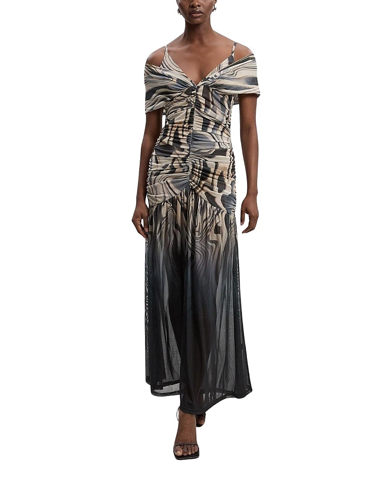 Karen Millen Marble Print Mesh Plunge Maxi Dress