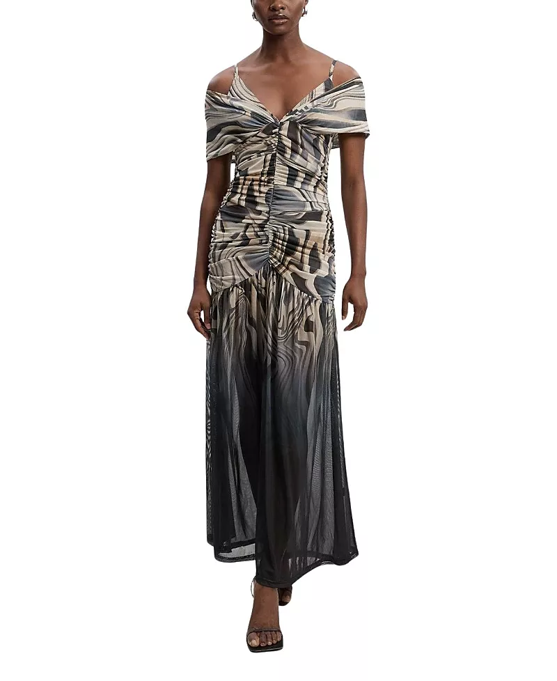 Karen Millen Marble Print Mesh Plunge Maxi Dress