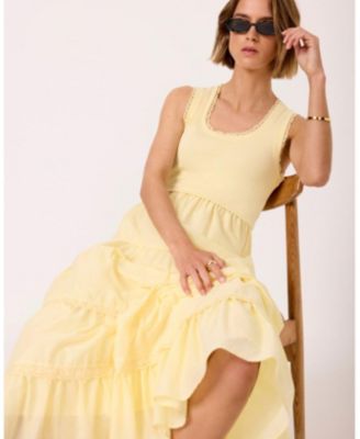 yellow smocked dress Yellow Floral Print Smocked Waist Ruffle Midi Dress main image 0