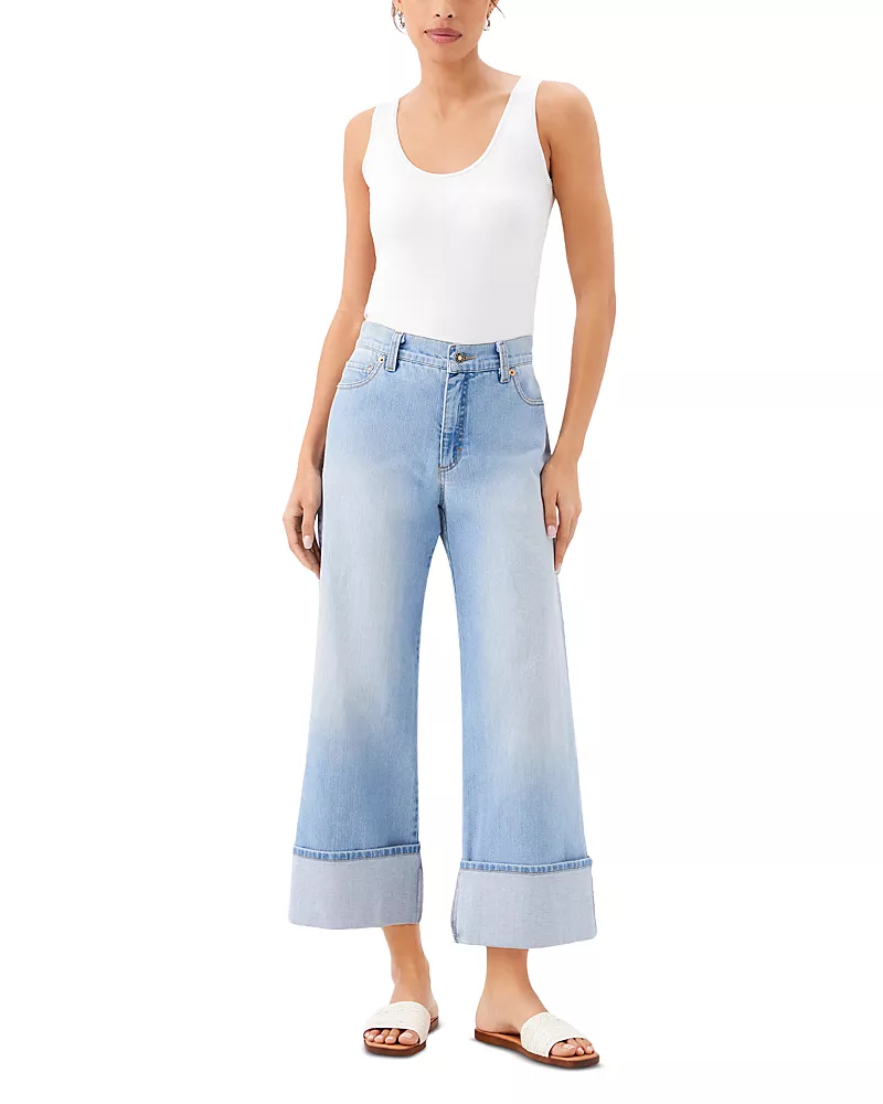 Karen Kane High Rise Cropped Wide Leg Jeans in Denim