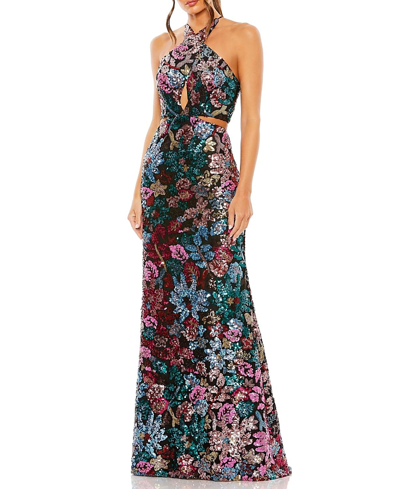 Mac Duggal Sequin Embellished Cross Neck Gown