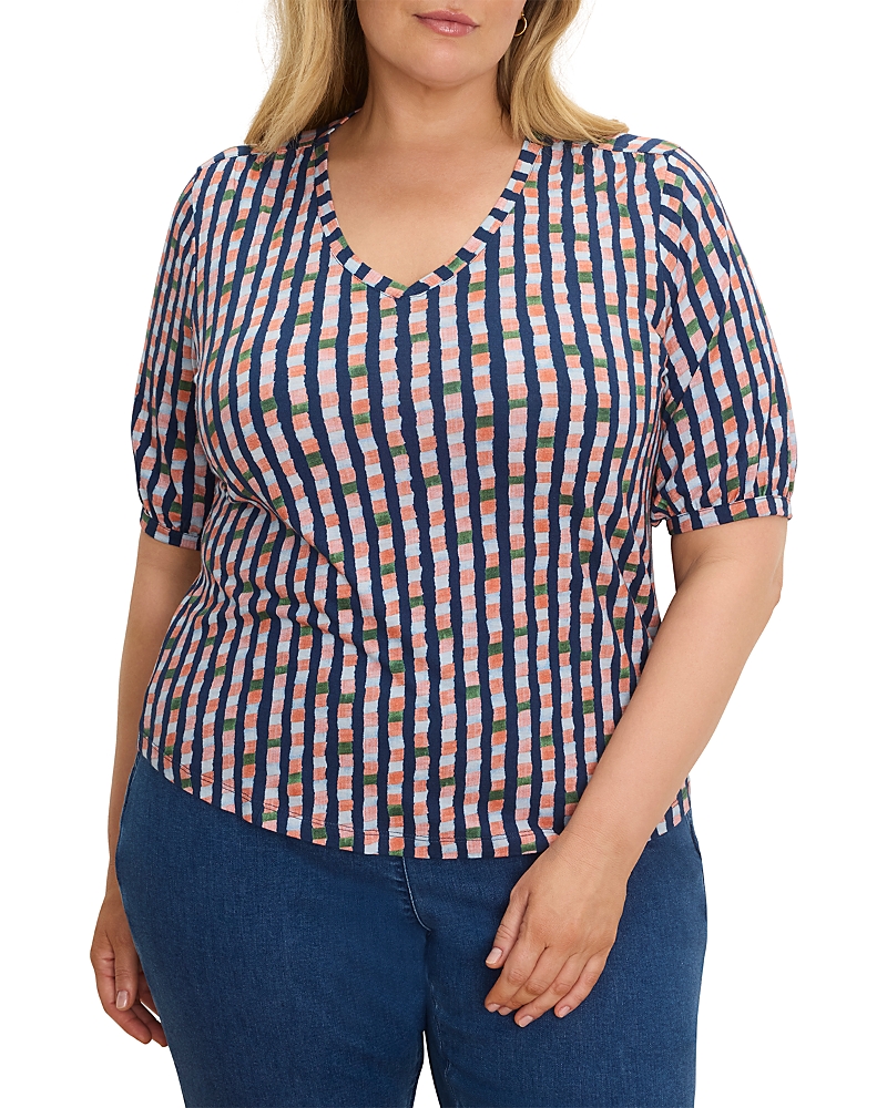 Nic+Zoe Plus Reef Stripe Elbow Sleeve V Neck Top