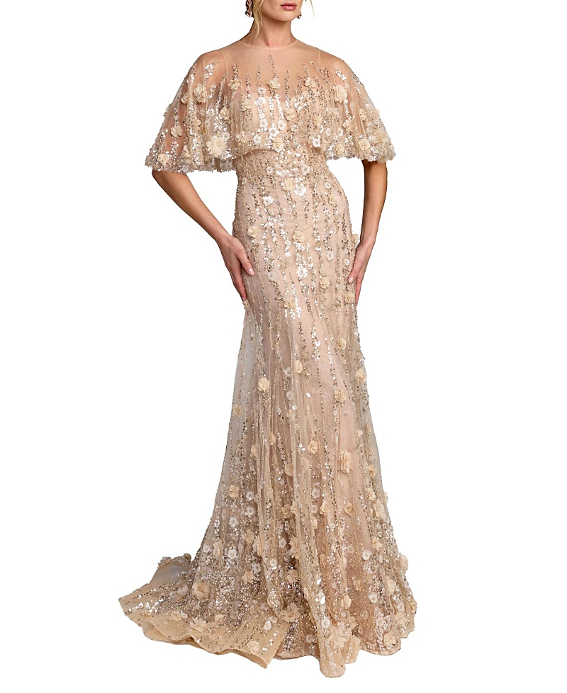 Mac Duggal Petite Embellished Cape Sleeve Mermaid Gown