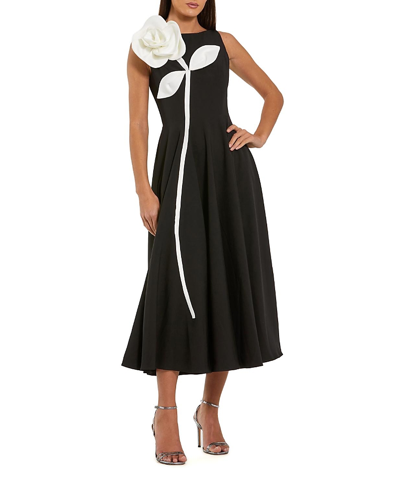Mac Duggal Crepe A Line Midi Dress with 3D Flower